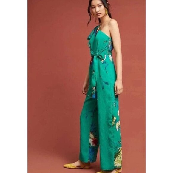 Eva Franco Pants - Eva Franco Anthropologie Garden Green Floral Wide Leg One-Shoulder Jumpsuit NWT